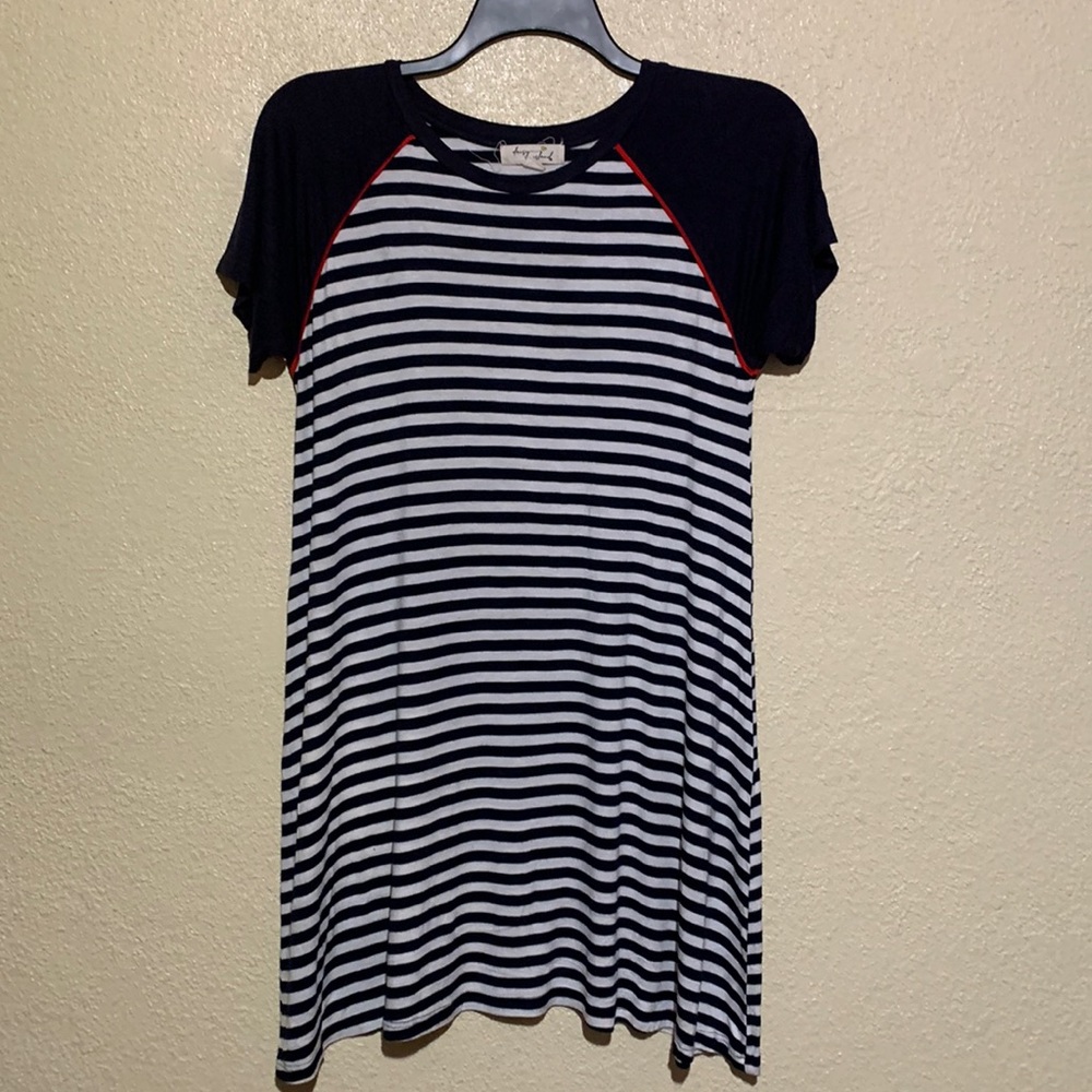 Daisy Island T-Shirt Dress Navy Blue White Stripes Short Sleeve Size L Stretchy